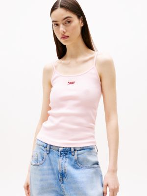 pink ribbed slim spaghetti strap top for women tommy jeans