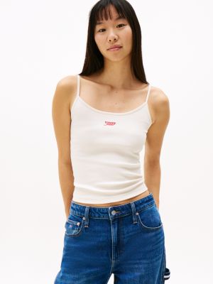 beige ribbed slim spaghetti strap top for women tommy jeans