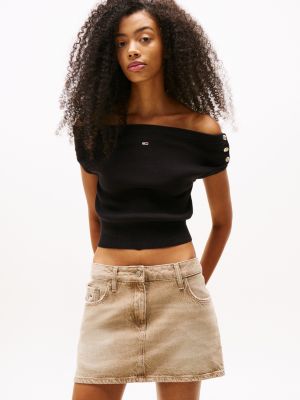 black off-the-shoulder cap sleeve jumper for women tommy jeans