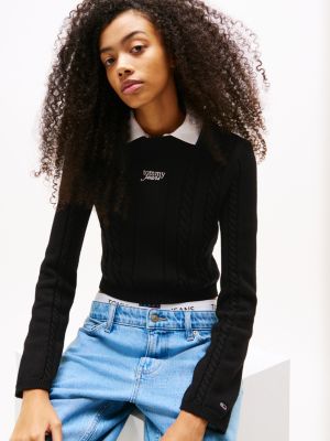 black cable knit mock neck jumper for women tommy jeans