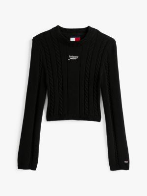 schwarz zopfmuster-pullover mit mock neck für damen - tommy jeans