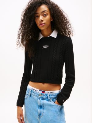 black cable knit mock neck jumper for women tommy jeans