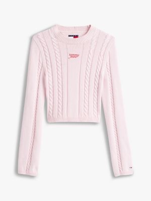 pull en maille torsadée à col cheminée rose pour femmes tommy jeans