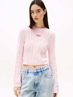 pink zopfmuster-pullover mit mock neck für damen - tommy jeans