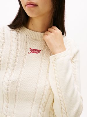 beige cable knit mock neck jumper for women tommy jeans