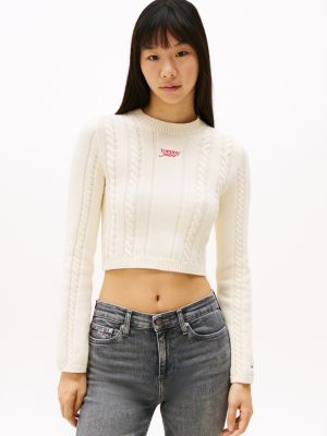 beige cable knit mock neck jumper for women tommy jeans