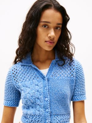 blau kurzarm-cardigan aus strick mit polo-kragen für damen - tommy jeans