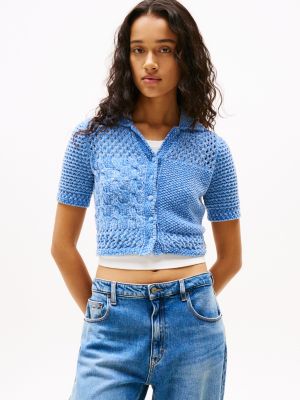 blue knit polo short sleeve cardigan for women tommy jeans