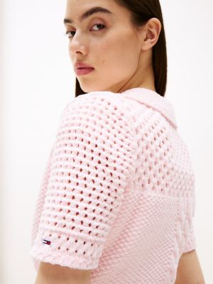 pink knit polo short sleeve cardigan for women tommy jeans