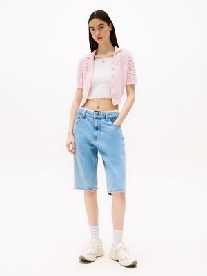 pink knit polo short sleeve cardigan for women tommy jeans