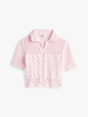 pink knit polo short sleeve cardigan for women tommy jeans