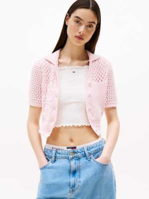 pink knit polo short sleeve cardigan for women tommy jeans