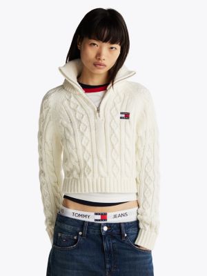 white cable knit jumper with wool for women tommy jeans