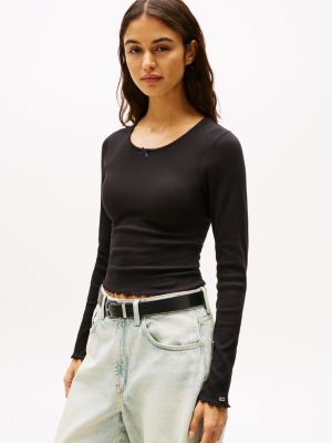 black scalloped trim slim long sleeve t-shirt for women tommy jeans