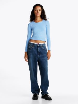 blue scalloped trim slim long sleeve t-shirt for women tommy jeans