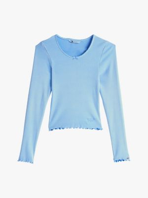 blue scalloped trim slim long sleeve t-shirt for women tommy jeans