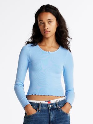 blue scalloped trim slim long sleeve t-shirt for women tommy jeans