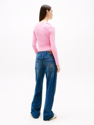 pink scalloped trim slim long sleeve t-shirt for women tommy jeans