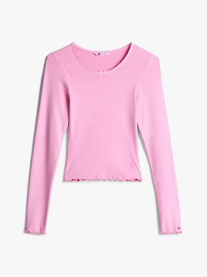 pink scalloped trim slim long sleeve t-shirt for women tommy jeans