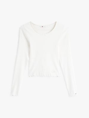 white scalloped trim slim long sleeve t-shirt for women tommy jeans