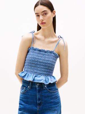 blue chambray-top mit bindebändern für damen - tommy jeans