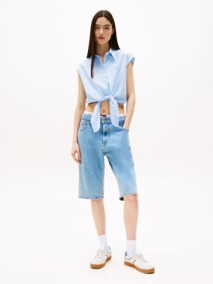 blau cropped fit popeline-bluse mit flügelärmeln für damen - tommy jeans