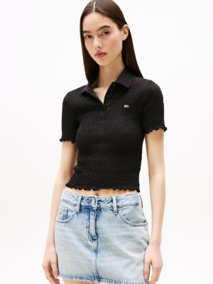 schwarz gesmoktes slim fit poloshirt für damen - tommy jeans