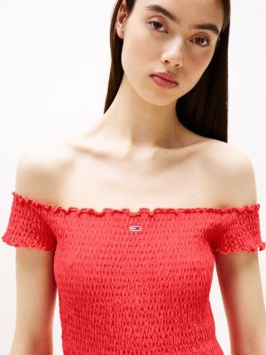 rood mini-bodyconjurk met smokwerk voor dames - tommy jeans