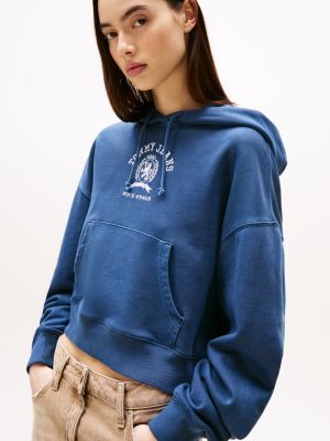 blau boxy cropped fit hoodie mit wappen-logo für damen - tommy jeans