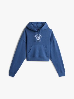 blau boxy cropped fit hoodie mit wappen-logo für damen - tommy jeans