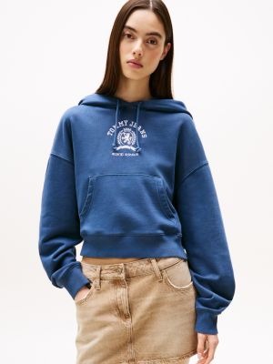 blau boxy cropped fit hoodie mit wappen-logo für damen - tommy jeans