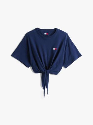 blue tommy badge cropped knot t-shirt for women tommy jeans