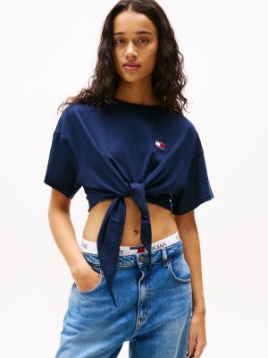 t-shirt crop con nodo e distintivo blue da donne tommy jeans