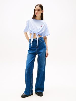 blue tommy badge cropped knot t-shirt for women tommy jeans