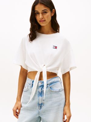 t-shirt crop con nodo e distintivo white da donne tommy jeans