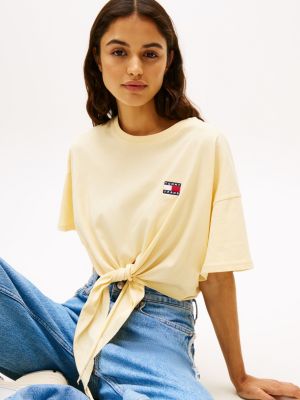 żółty krótki t-shirt z wiązaniem i naszywką tommy dla kobiety - tommy jeans