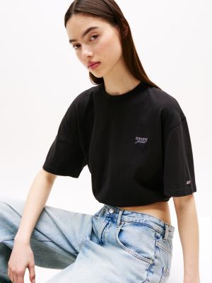 schwarz cropped loose fit t-shirt mit rückendetail für damen - tommy jeans