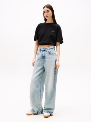 black cropped loose open back t-shirt for women tommy jeans