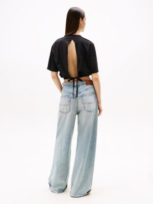 black cropped loose open back t-shirt for women tommy jeans