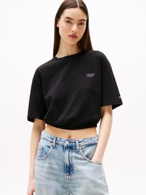 black cropped losvallend t-shirt met open rug voor dames - tommy jeans