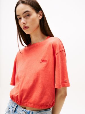 red cropped loose open back t-shirt for women tommy jeans