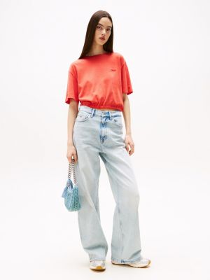 orange cropped loose open back t-shirt for women tommy jeans