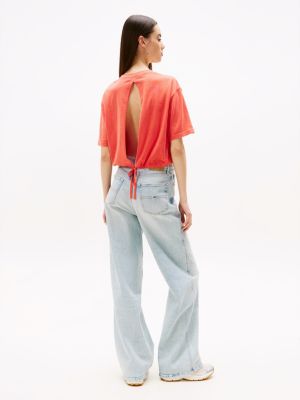 red cropped loose open back t-shirt for women tommy jeans