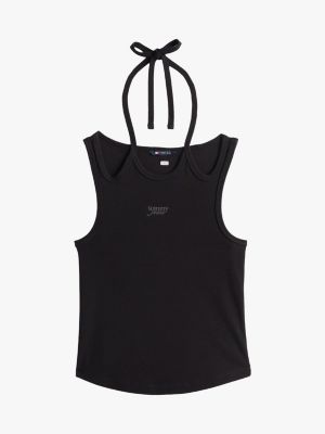 black ribbed slim halterneck tank top for women tommy jeans