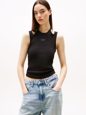 black geripptes slim fit neckholder-tanktop für damen - tommy jeans