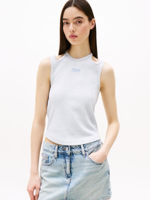 blue ribbed slim halterneck tank top for women tommy jeans