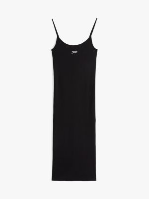 black ribbed spaghetti strap bodycon midi dress for women tommy jeans