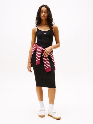 black ribbed spaghetti strap bodycon midi dress for women tommy jeans