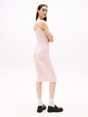 roze geribde bodycon midi-jurk met spaghettibandjes voor dames - tommy jeans