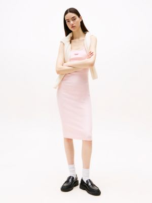 pink ribbed spaghetti strap bodycon midi dress for women tommy jeans